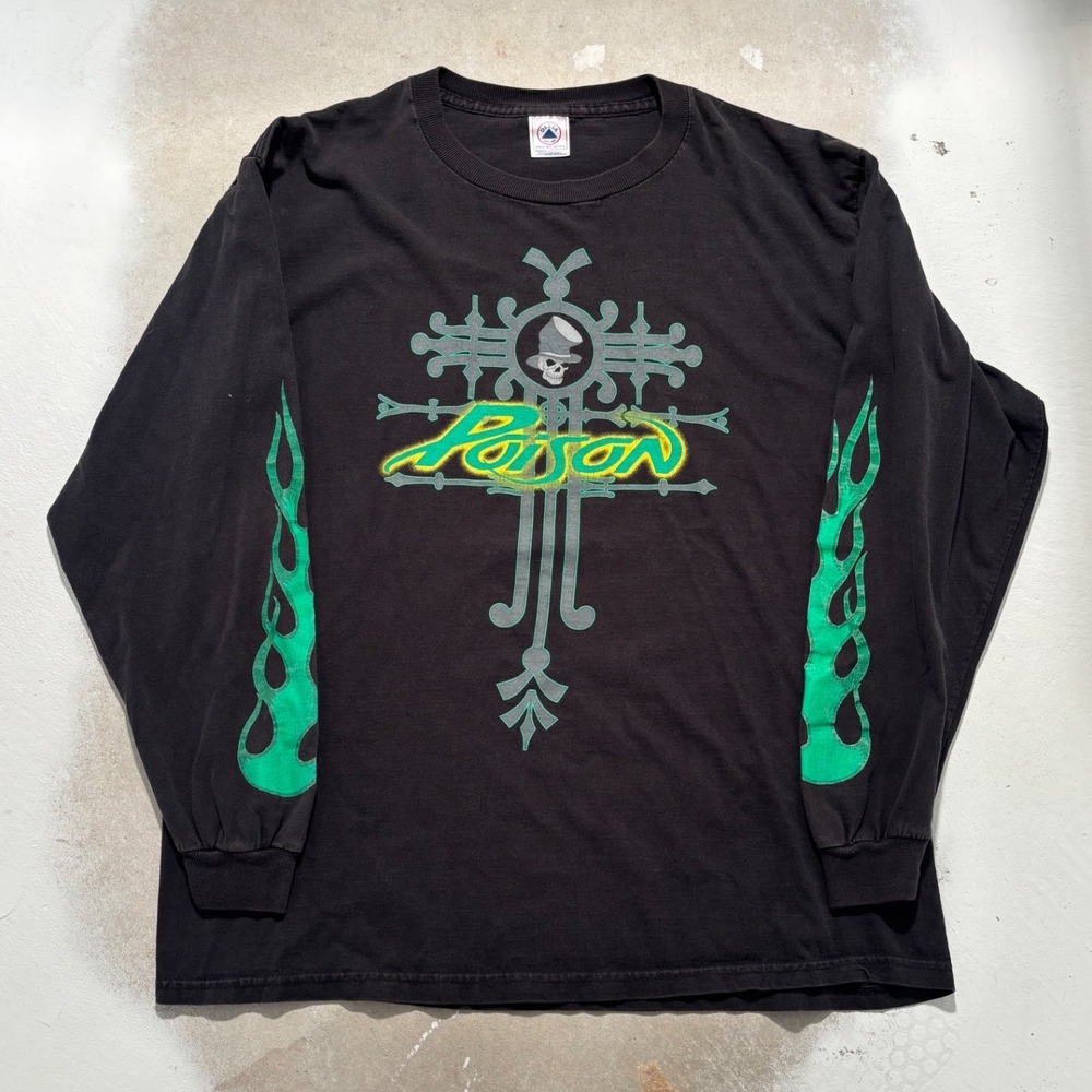 Vintage Poison Band Long Sleeve Shirt Black Green Flame Graphic Delta Tag Large